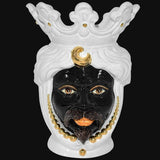 Testa di Moro con Perline, Maschio Moro, White and Gold, corona bianca e dettagli. Ceramica siciliana di Caltagirone, Sofia