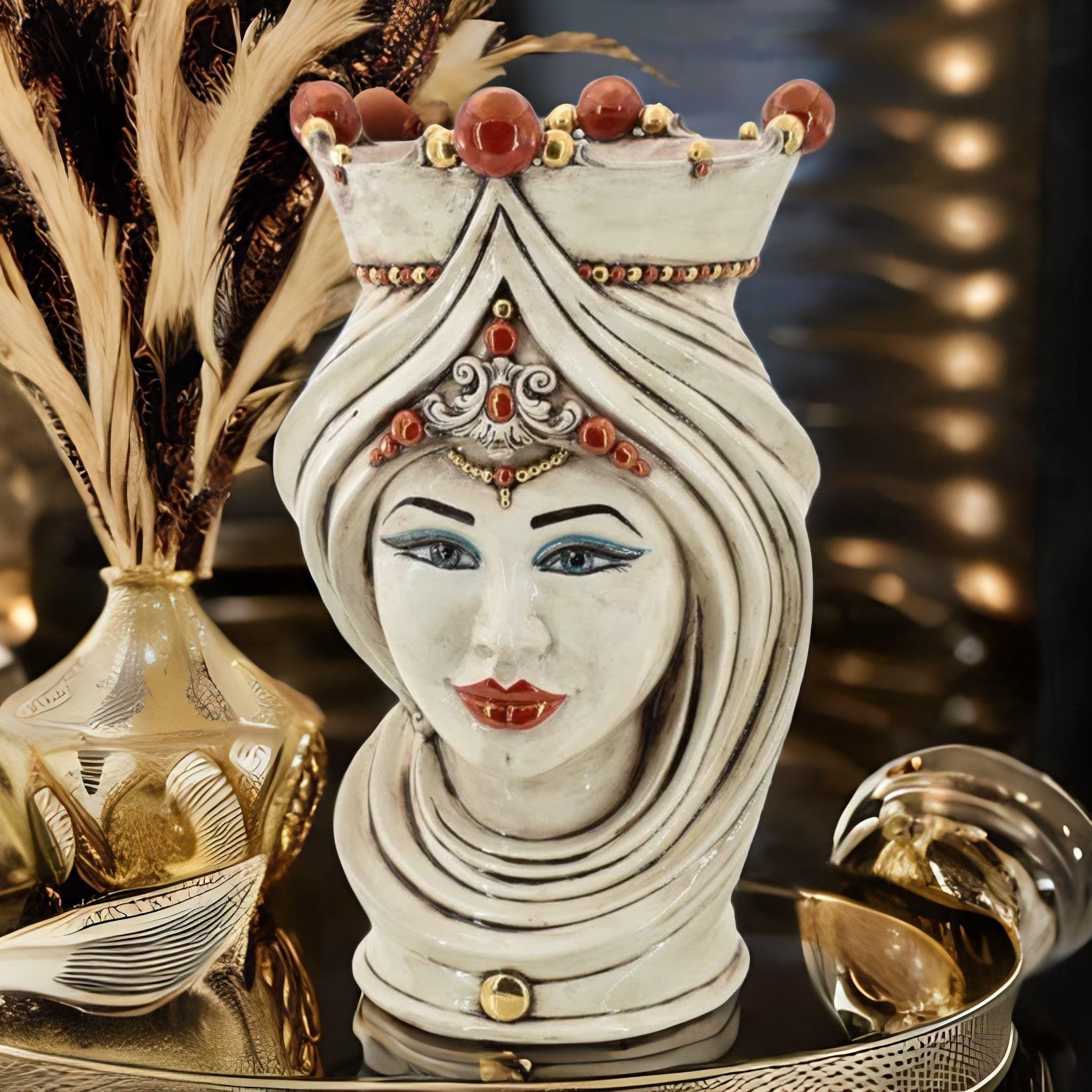 Testa h 45 turbante madreperla antichizzato oro e lustri femmina - Ceramiche moderne Vaso a testa - 1