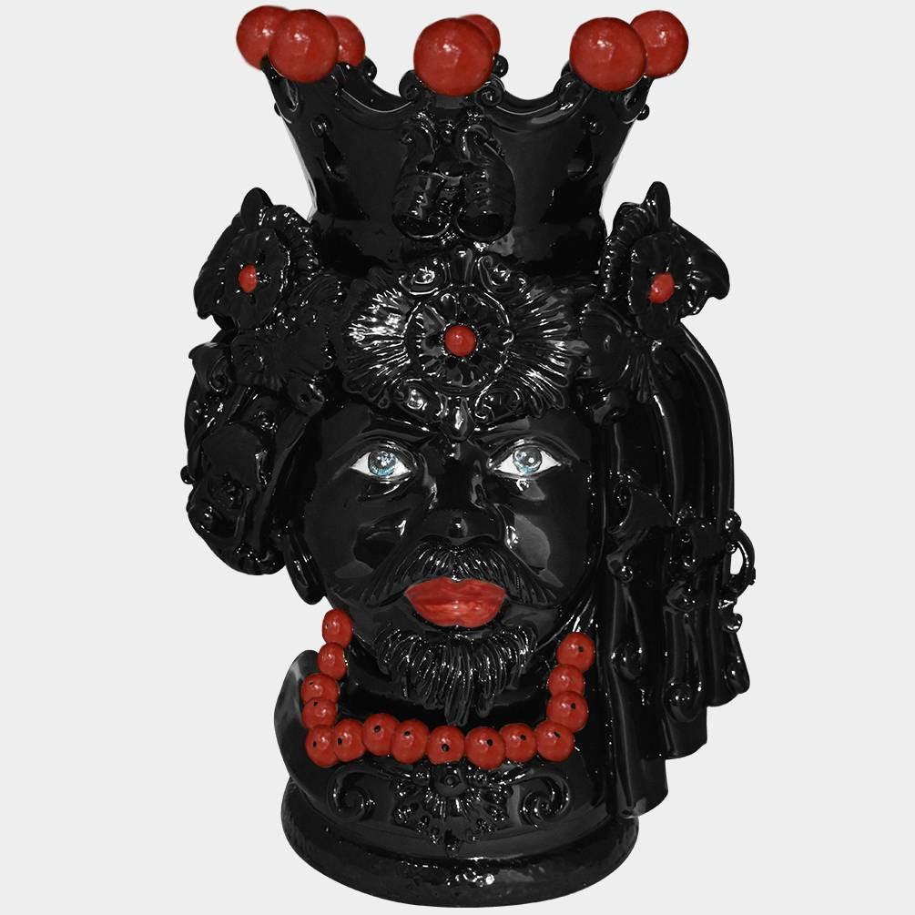 Testa h 50 c/turbante black line con perline rosse uomo - Ceramiche di Caltagirone Sofia