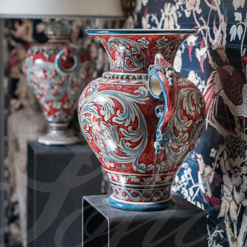 Vaso anfora h 40 ornato blu/bordeaux - Ceramiche di caltagirone Sofia