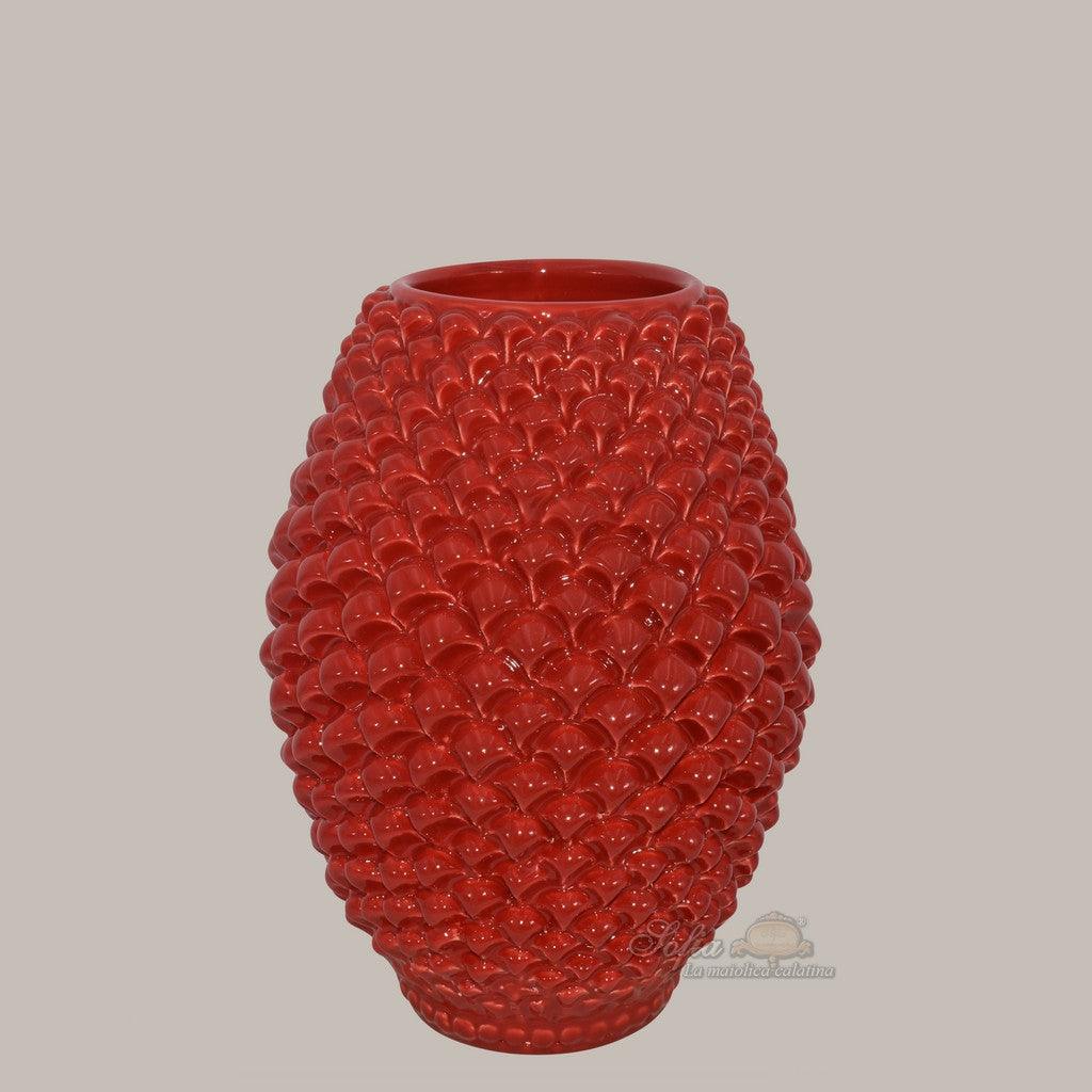 Vaso pigna botte artigianale in ceramica di Caltagirone modellata a mano Rosso Fuoco